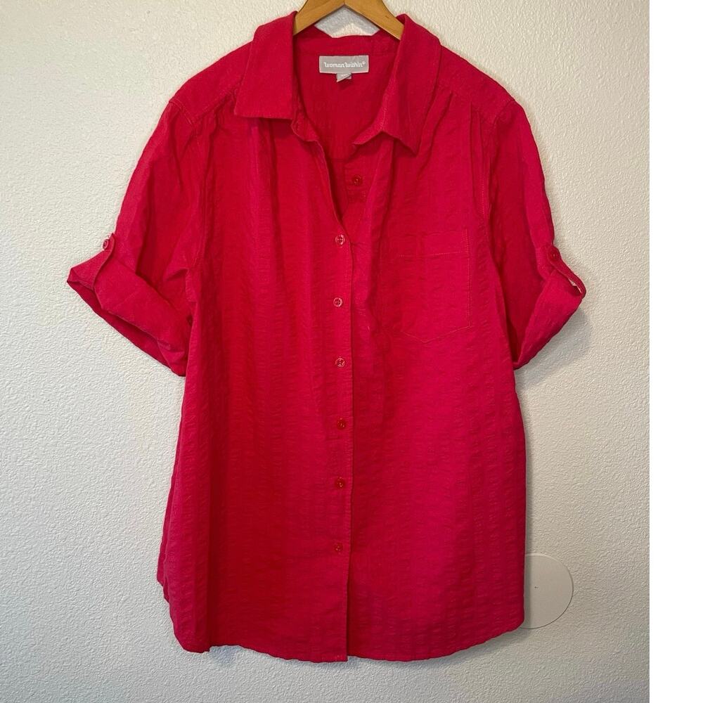 Woman Within Boho Cottage Cotton Red Textured Roll Tab Sleeves Button Up Top Lg - Picture 11 of 11